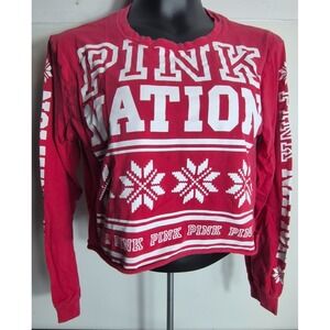 Victoria's Secret PINK NATION Womens Cropped Long Sleeve T-Shirt Red S